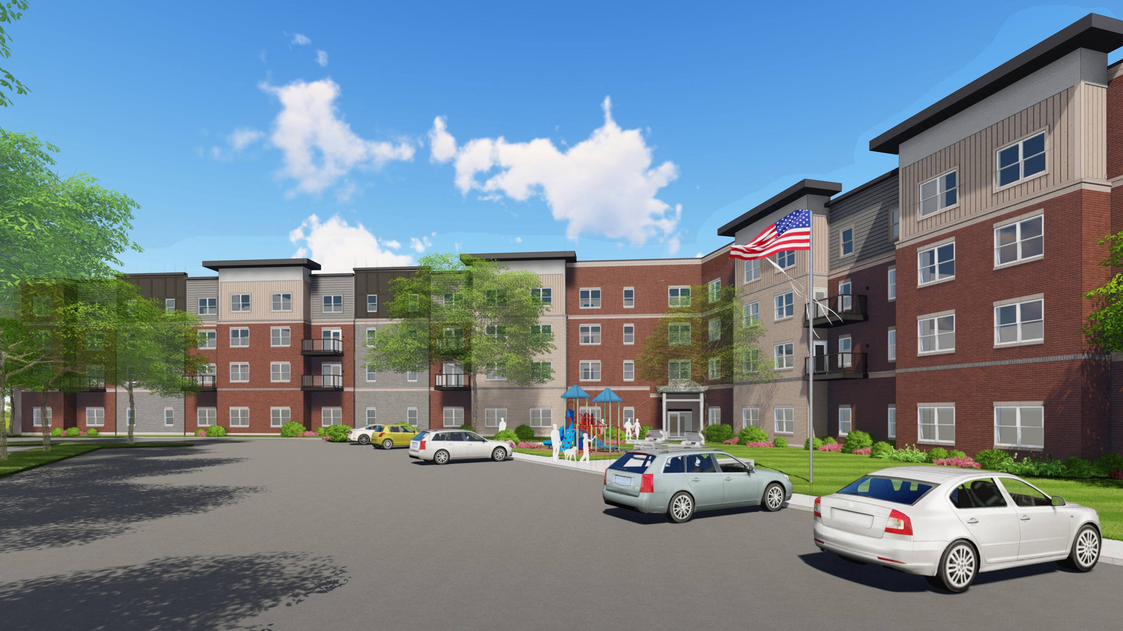 a rendering of a building with cars parked in front of it